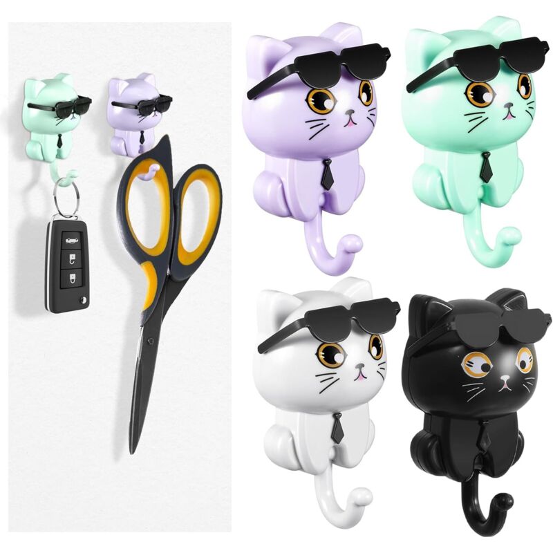 Jalleria - Lot de 4 crochets à clés autocollants en forme de chat - Porte-clé mural créatif sans perçage - Pour clés, sacs, bijoux, vêtements