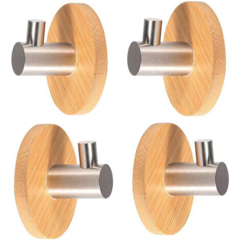 Lot de 4 crochets auto-adhésifs en acier inoxydable et bambou, crochets pour peignoirs, patères murales, porte-serviettes de cuisine, patères pour manteaux, sans perçage, pour salle de bain, cuisine o