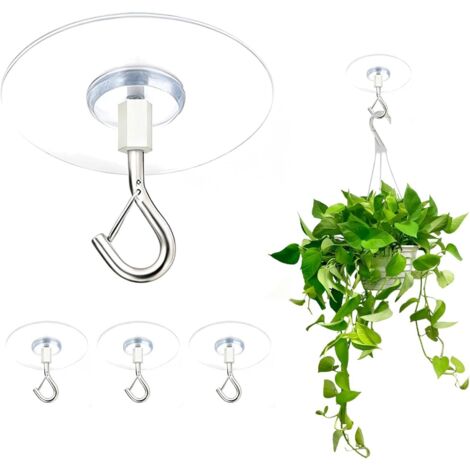 Lot de 4 Crochets de Plafond Auto-adhésifs, Crochet Plafonnier Transparent avec Fermoir de Sécurité pour Plantes Suspendues, Mangeoires à Oiseaux, Lanternes, Carillons, Déco