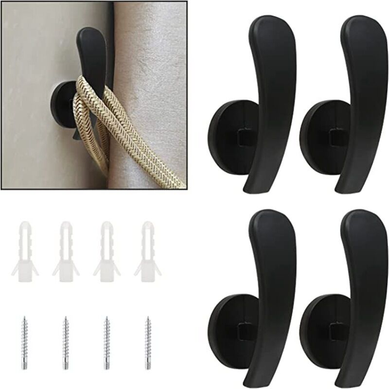 Lot de 4 crochets d'embrasses de rideaux noirs, crochets de retenue de rideaux pour montage mural, crochets décoratifs pour embrasses de rideaux avec