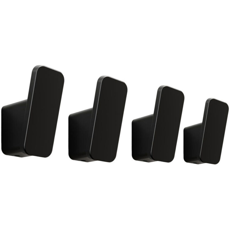 Lot de 4 crochets muraux noirs mats robustes pour salle de bain, peignoir, manteau, sacs, chapeaux. Fixation par vis, support mural extérieur.