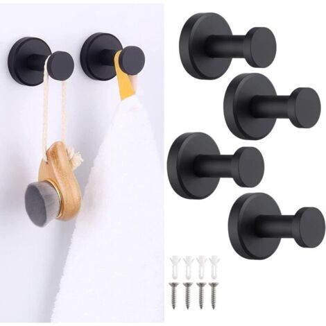 Lot de 4 crochets muraux robustes en acier inoxydable 304 noir mat (20 kg) pour salle de bain/couloir - Porte-serviettes, porte-manteau - Installation sans perçage avec cheville robuste