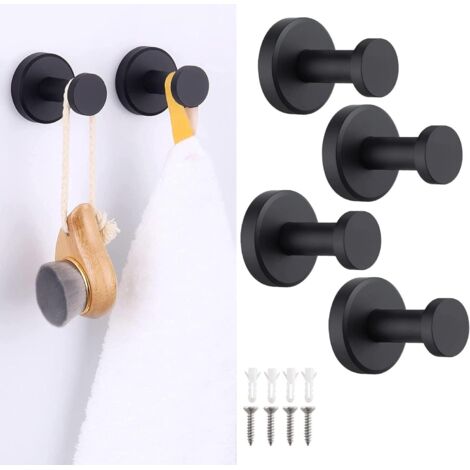 Lot de 4 crochets muraux robustes en acier inoxydable 304 noir mat (20 kg) pour salle de bain/couloir - Porte-serviettes, porte-manteau - Installation sans perçage avec cheville robuste