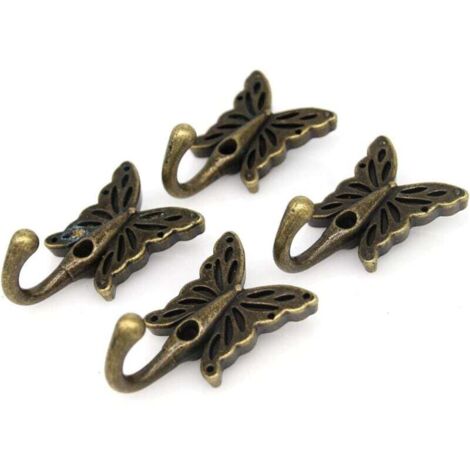 Lot de 4 Crochets Muraux Vintage Forme Papillon Laiton Antique pour Manteaux Vêtements