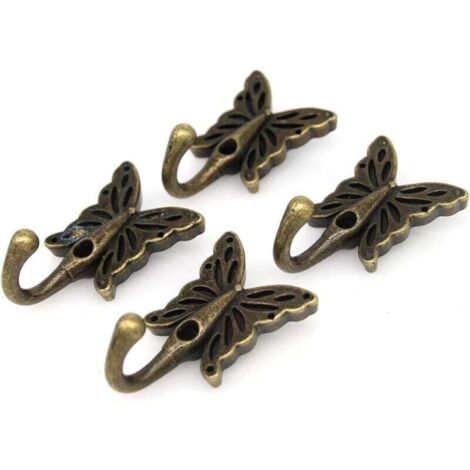 Lot de 4 Crochets Muraux Vintage Forme Papillon Laiton Antique pour Manteaux Vêtements