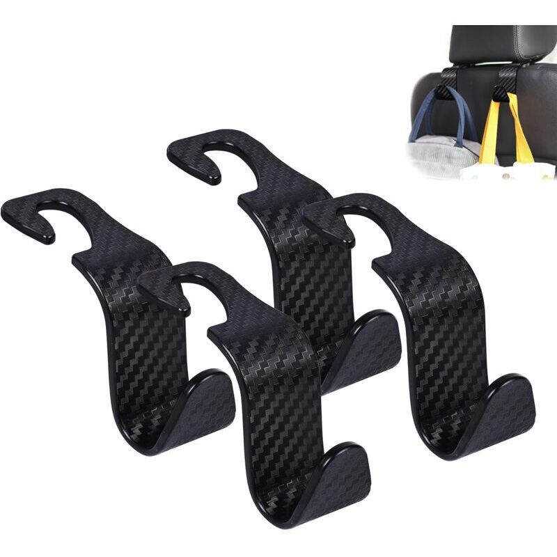 Lot de 4 crochets pour appui-tête de siège de voiture Organiseur de rangement universel pour sac à main, sac à main, manteau, à carreaux, noir