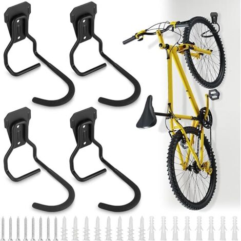 Lot de 4 Crochets Vélo,Support de Vélo Mural Noir Muraux Support Mural de Rangement pour Vélos Robuste Gain de Place pour Montagne Vélo Surface Antidérapante en Acier pour Maison ou Garage