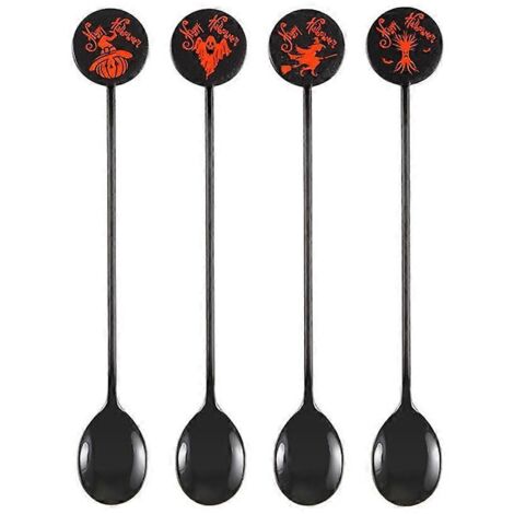 Lot de 4 cuillères à café et à thé à long manche pour Halloween, idéales pour remuer les boissons lors d'une fête à la maison.