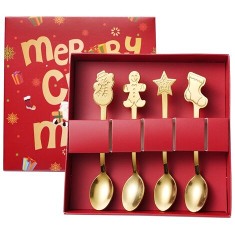 Lot de 4 cuillères de Noël en acier inoxydable doré, design pain d'épices étoile, cuillères à dessert/café, coffret cadeau de Noël
