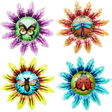 Lot de 4 décorations de jardin en métal en forme de tournesol pour l'extérieur, décoration murale 3D colorée à suspendre, motifs libellules et coccinelles, pour tonnelles, clôtures et jardins