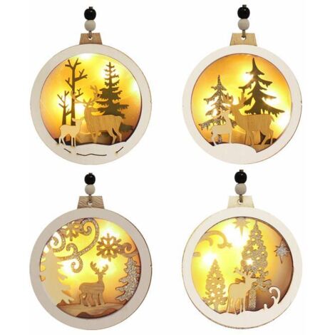 Lot de 4 décorations de Noël en bois à LED en forme de renne à suspendre, pour arbre et fêtes.