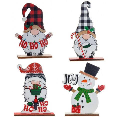 Lot de 4 décorations de Noël en bois : adorables gnomes et bonhommes de neige. Fournitures pour décorations.