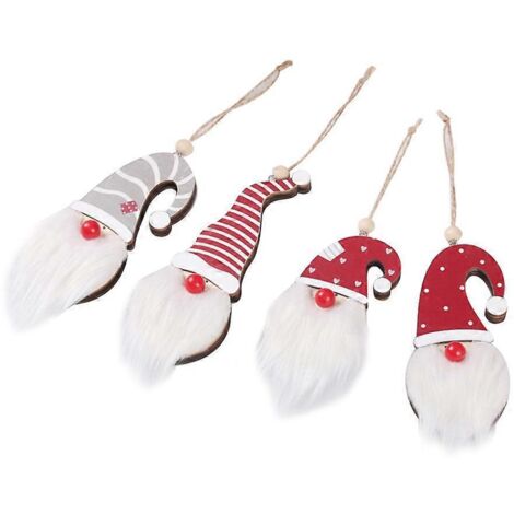 Lot de 4 décorations de Noël en bois, gnomes en peluche à suspendre, avec nez lumineux LED
