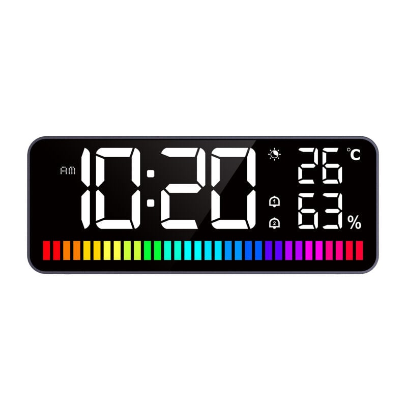 Réveil LED avec barre lumineuse rythmique, veilleuse, horloge numérique, grand écran, température et humidité, double alarme et fonction répétition,