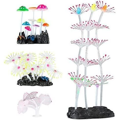 Lot de 4 décorations lumineuses pour aquarium, corail champignon et corail plume artificiels
