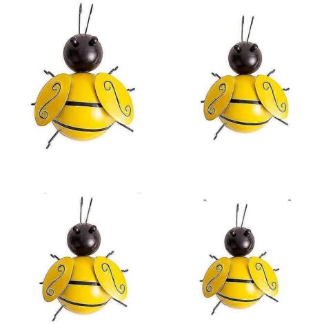 Lot de 4 décorations murales en métal, sculptures d'abeilles 3D en fer, à suspendre pour l'extérieur (maison, jardin), jaune