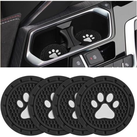 Lot de 4 dessous de verre antidérapants en PVC avec motif patte de chien, tapis de boisson universels de 7 cm, accessoires intérieurs pour SUV, camions, camping-cars et plus (noir)