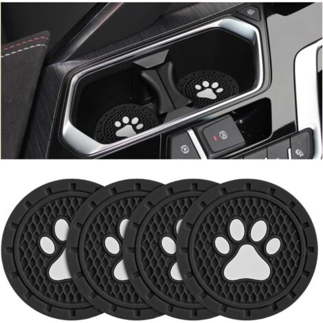 Lot de 4 dessous de verre antidérapants en PVC avec motif patte de chien, tapis de boisson universels de 7 cm, accessoires intérieurs pour SUV, camions, camping-cars et plus (noir)