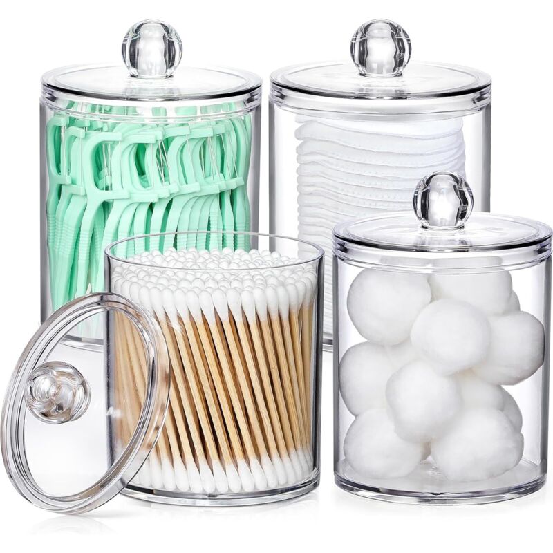 Lot de 4 distributeurs de cotons-tiges, boules, disques et bâtonnets de fil dentaire en acrylique transparent - Petit pot de pharmacie, accessoires