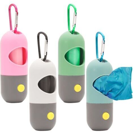 Lot de 4 distributeurs de sacs à déjections canines, avec lampe torche LED et mousqueton, distributeur de sacs à déjections canines, sacs à déjections inclus