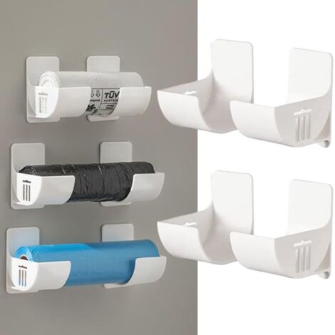 Lot de 4 distributeurs de sacs poubelles sans perçage, support mural pour sacs en plastique, support pour sacs d'épicerie, support pour sacs poubelle blancs pour cuisine, salle de bain