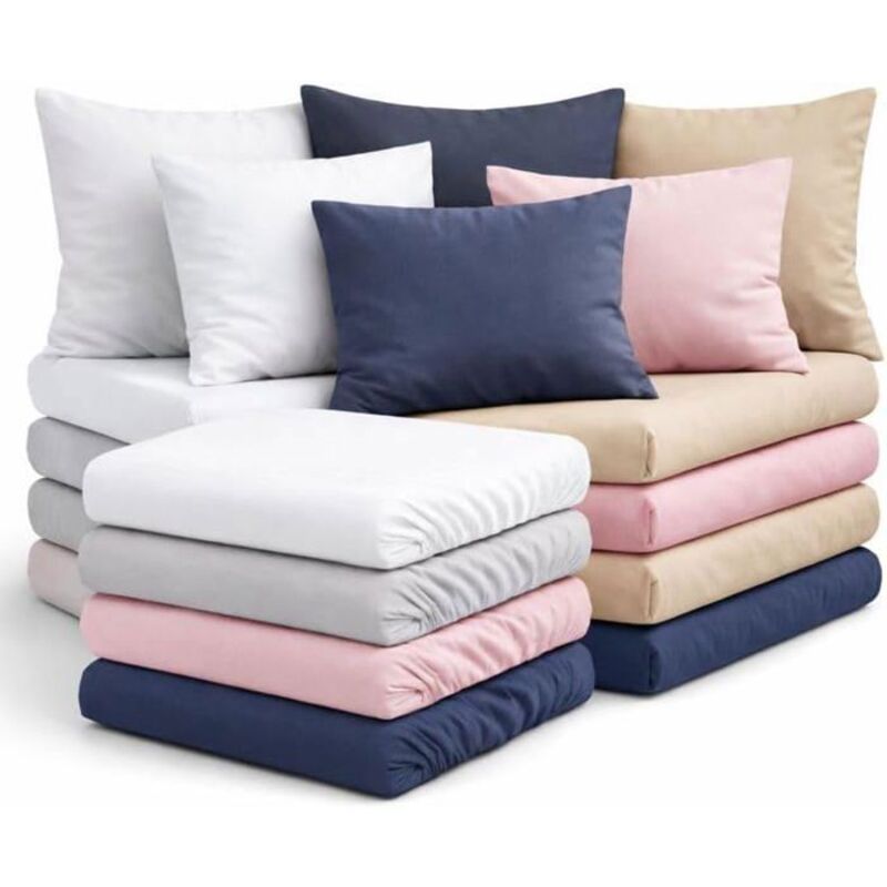 Lot de 4 draps-housse - L22G - 140x190 cm - 100% coton 57 fils/cm² - Bonnet 25 cm - 8 taies 63x63