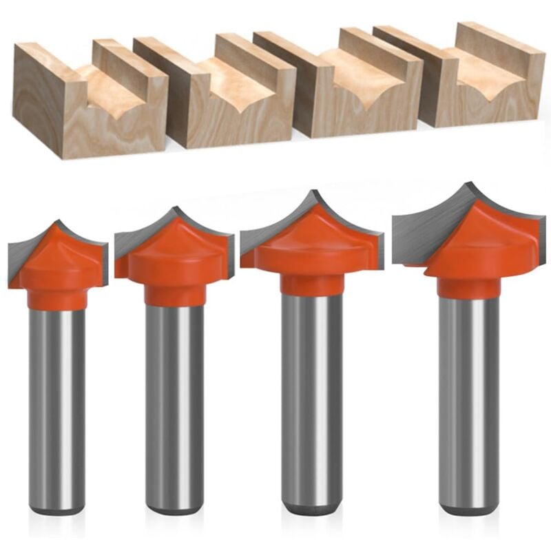 Lot de 4 embouts de fraise à rainurer, diamètre de la tige 8 mm, fraise arrondie, fraise ronde au-dessus des embouts de fraise, fraise à bois, outil