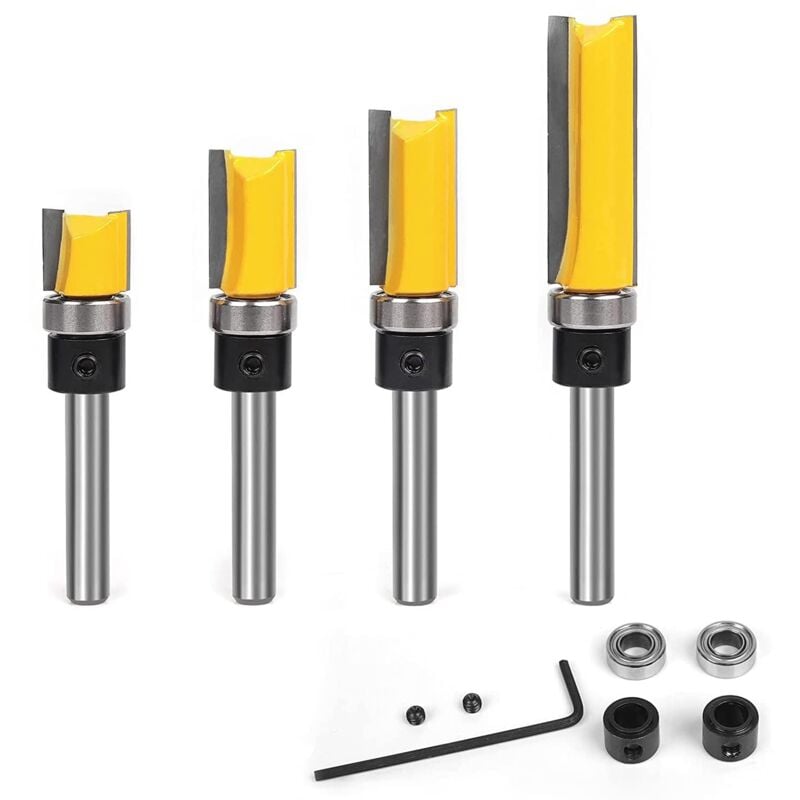 Lot de 4 embouts de routeur à roulement supérieur, tige de 1/4', longueur de coupe 1/2', 3/4', 1', 1-1/2'