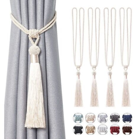 Lot de 4 embrasses de rideaux longues à pompons, faites main en corde tressée avec nœuds style européen pour bureau (beige).