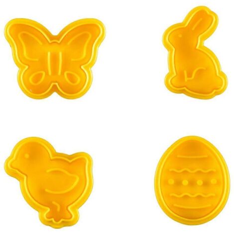Lot de 4 emporte-pièces de Pâques en plastique, en forme de lapin, de poussin et d'œuf.