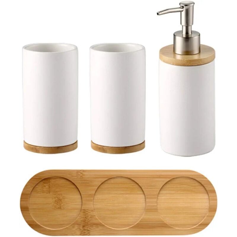 Lot de 4 Ensemble d'accessoires de Salle de Bain en céramique, Porte-Brosse à Dents, Distributeur de Savon, Gobelet, Plateau en Bambou(Blanche)