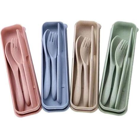 Lot de 4 Ensemble d'Ustensiles Réutilisables avec étui, Couverts en Plastique Portables, Ensembles de Couteaux et de Fourchettes
