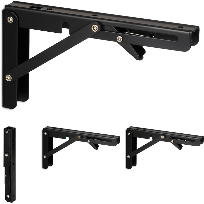 Relaxdays - Lot de 4 équerres murales, fixations pliables, pour le mur, supports, métal, HxLxP : 11x3x20 cm, noir