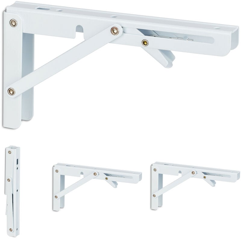 Relaxdays - Lot de 4 équerres murales, fixations pliables, pour le mur, supports, métal, HxLxP : 11x3x20 cm, blanc