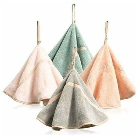 Lot de 4 essuie-mains à suspendre avec boucle de suspension absorbante en polaire corail pour salle de bain - Torchon doux et épais - Essuie-mains ronds (4 couleurs-C)