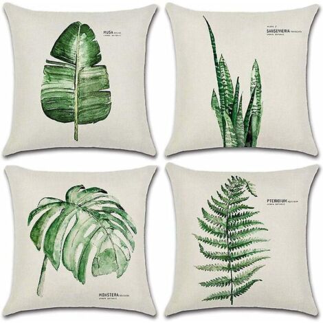 lot De 4 Extrieur Housse De Coussin, 45x45cm Impermable Feuille Verte Motif Canap Taie D'oreiller Pour Patio Jardin Salon Chambre Dcoration