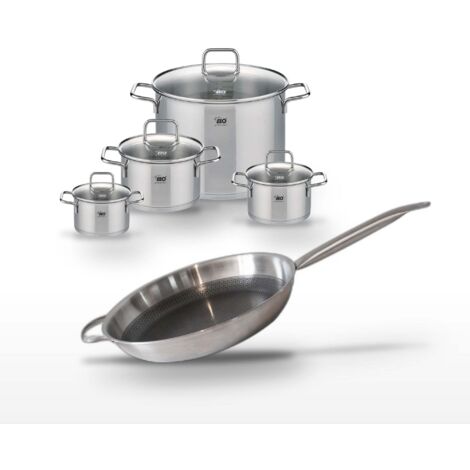 Lot de 4 Faitouts en inox Elo Relief Solution 14/16/20/26 cm et Poêle 32 cm