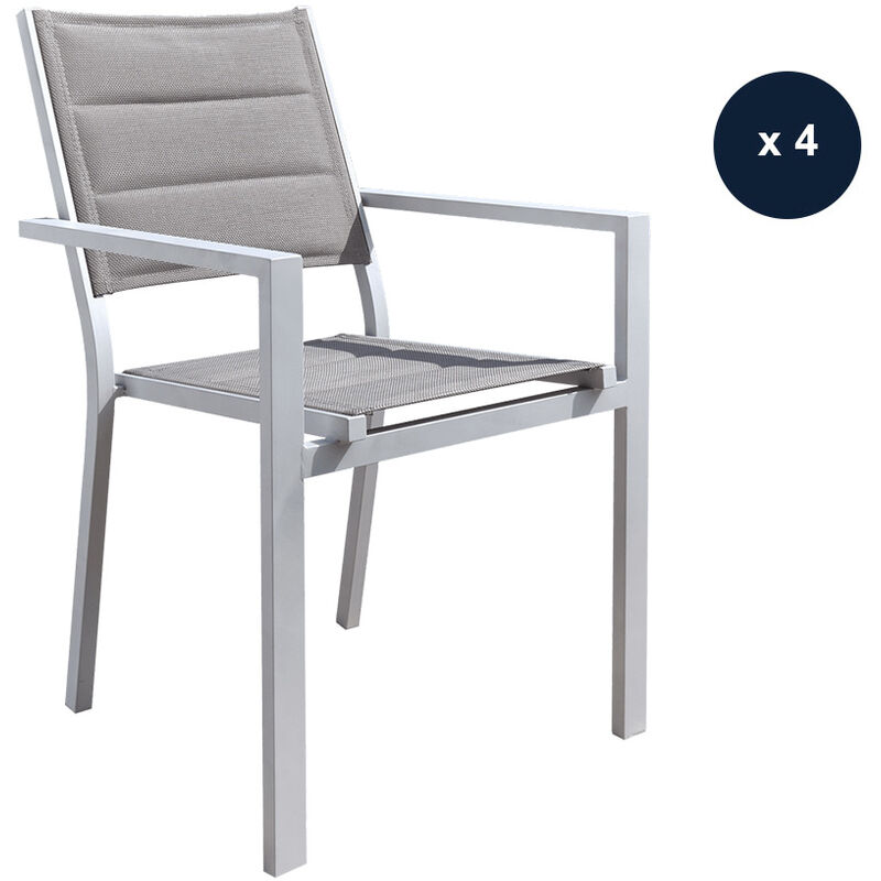 lot de 4 fauteuils de jardin en aluminium et textilène matelassé gris, empilable, ibiza perle jardiline