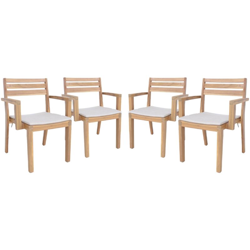 Lot de 4 fauteuils de jardin beige merina bois d'acacia avec coussin. 59 x 55 x 81 cm