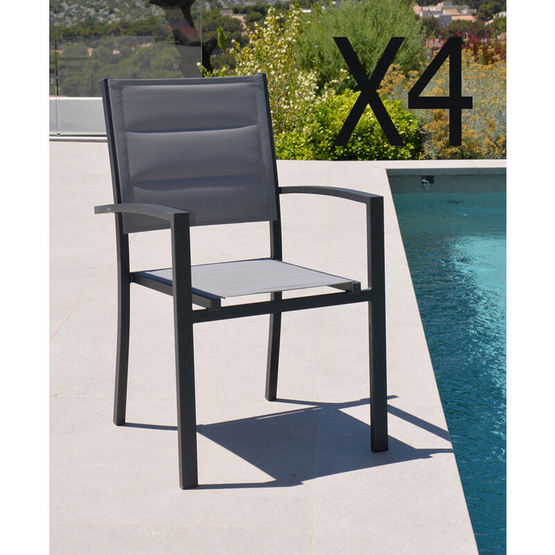 Lot de 4 fauteuils en aluminium et texaline coloris Gris - Dim : 56.5 x 60 x 90 cm Pegane