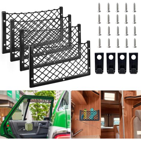Lot de 4 filets à bagages 36 x 18 cm, filet de rangement pour voiture avec crochets et vis, filet de coffre universel pour camping-car, bateau, maison, SUV.