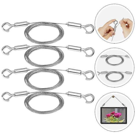 Lot de 4 fils de suspension pour tableaux et miroirs, réglables et robustes, en acier inoxydable avec crochets.-AquaForge