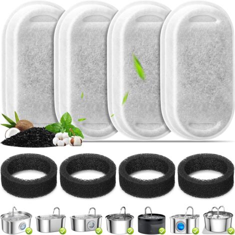 Lot de 4 filtres pour abreuvoirs pour chats, filtres de rechange et éponges de préfiltration pour abreuvoirs en acier inoxydable de 3,2 L/108 oz et 67 oz/2 L