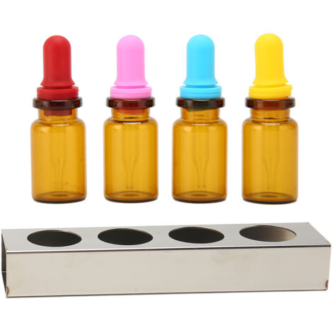 Lot de 4 flacons compte-gouttes ambrés avec support pour huiles essentielles dentaires, accessoire indispensable pour la maison.
