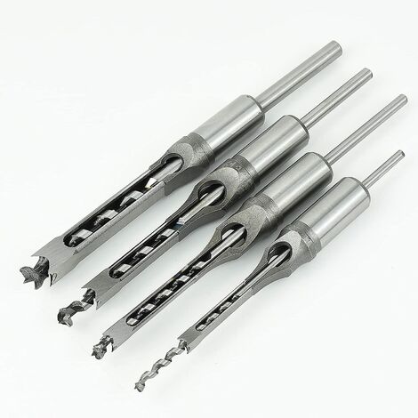 Lot de 4 Forets à Trou Carré, Bédanes Creux en Acier Outils de Menuiserie Set pour Scie Cloche Carrée Forets à Bois Trou Carré Foret Trou de Perçage Mortaiser Burin, 1/4", 5/16", 3/8", 1/2"