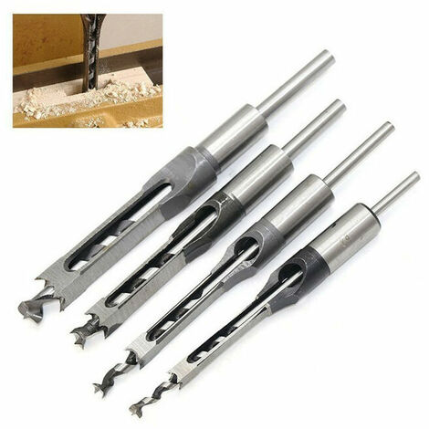 Lot de 4 Forets à Trou Carré, Bédanes Creux en Acier Outils de Menuiserie Set pour Scie Cloche Carrée Forets à Bois Trou Carré Foret Trou de Perçage Mortaiser Burin, 1/4, 5/16, 3/8, 1/2,