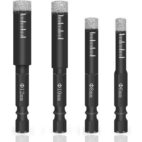 Lot de 4 forêts diamantées pour carrelage et verre 681012 mm, tige hexagonale, forêts diamantées pour céramique, granit, verre, porcelaine, carrelage, grès cérame
