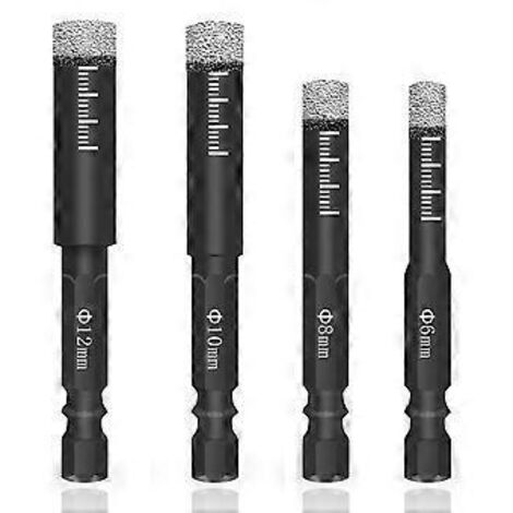 Lot de 4 forets diamantés pour carrelage et verre, 681012 mm, queue hexagonale, pour céramique, granit, verre, porcelaine, carrelage et pierre à porcelaine.
