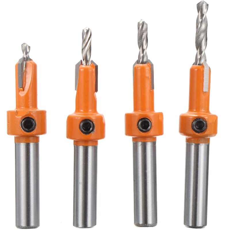 Lot de 4 fraises à tête fraisée 3 mm/3,2 mm/3,5 mm/4 mm Outil de chanfreinage avec clé à vis pour bois