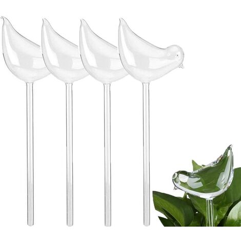 Lot de 4 globes d'arrosage automatique en forme d'oiseau soufflés à la main en verre transparent durable（25*11cm）